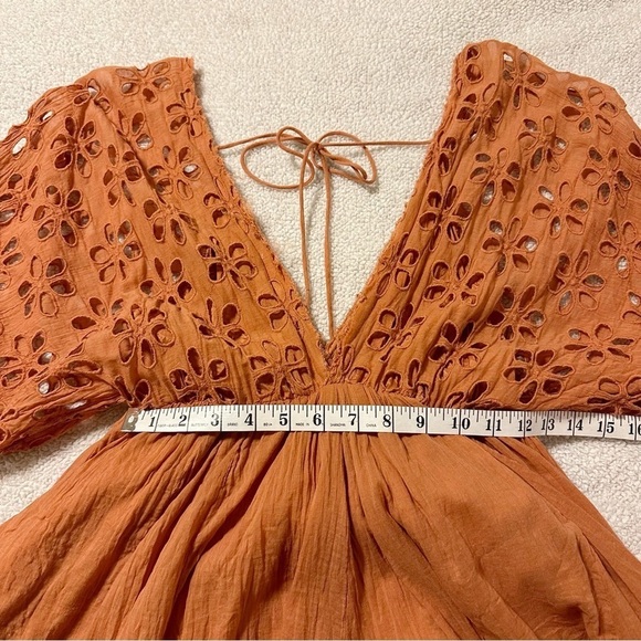 Free People One Bella Note Eyelet Mini Dress Tunic TerraCotta Clay Orange Boho - Picture 7 of 15